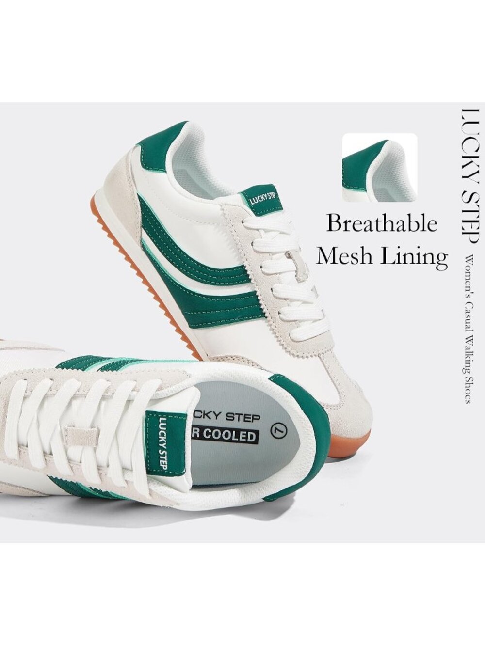 Women's White/Green Lightweight Thin Sole Lace up Anti Slip Retro Sneakers - Picture 3 of 6